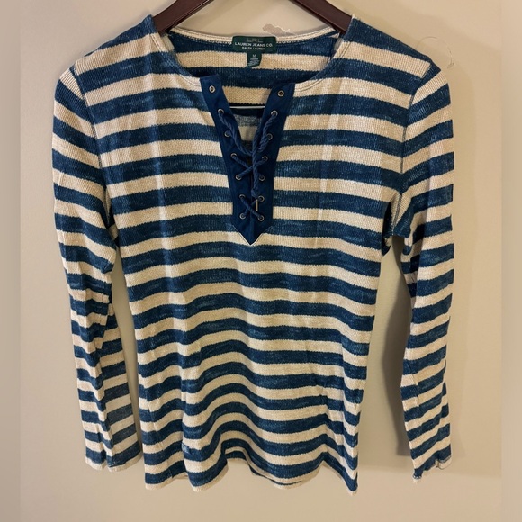Ralph Lauren stripes navy beige with tie long sleeves top - Picture 3 of 10